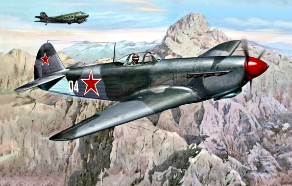 Picture fighter, Soviet, times, The second World war, Military transport, Li-2, Yak-9ДД, Long-Range