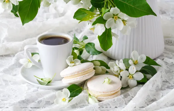 Leaves, flowers, coffee, spring, fabric, cake, macaroon