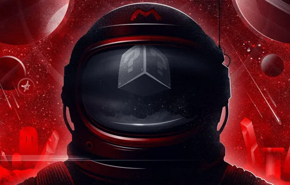 Space, planet, the suit, helmet, Mario, red background