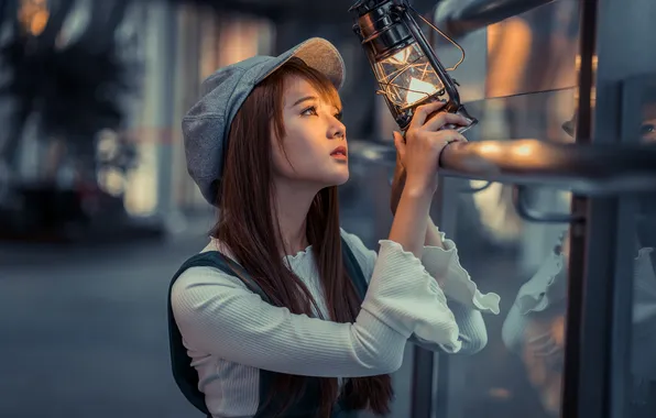 Pose, model, portrait, hands, makeup, hairstyle, lantern, cap