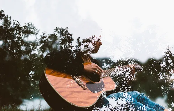 Music, guitar, trees, branches, musician