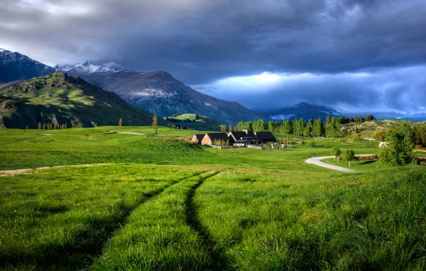 Picture road, the sky, grass, clouds, mountains, home, valley, meadow
