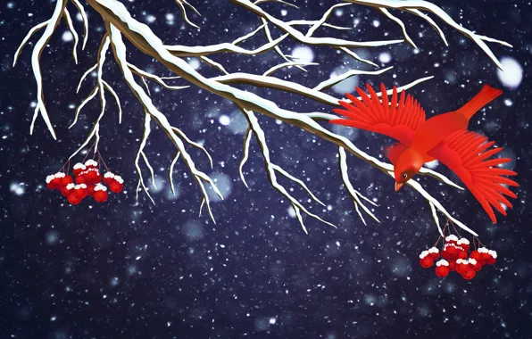 Winter, Minimalism, Bird, Snow, Branch, Snowflakes, Background, Rowan