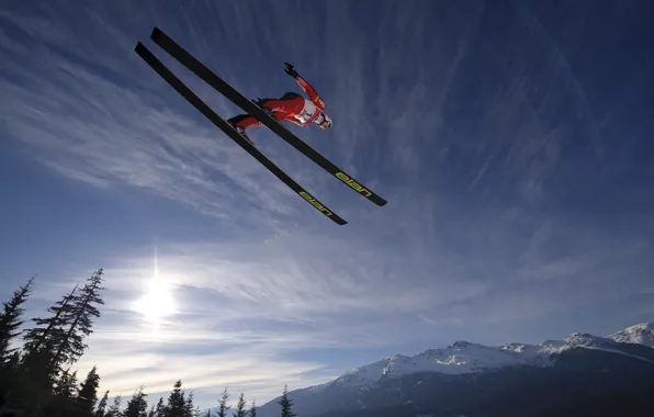 Picture winter, the sky, the sun, mountains, jumping, ski jumping