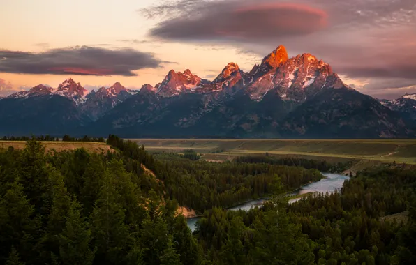 Picture field, forest, the sky, clouds, trees, mountains, river, USA
