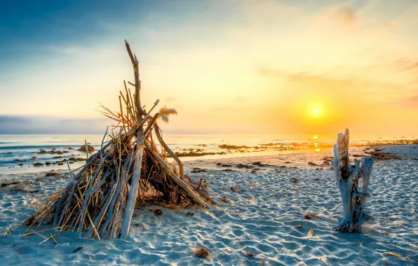 Sea, landscape, sunset, the hut