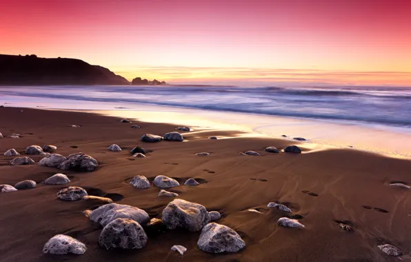 Picture sand, sunset, traces, rock, stones, the ocean, shore