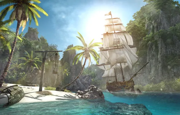 Picture beach, shore, ship, island, Assassin's Creed IV: Black Flag