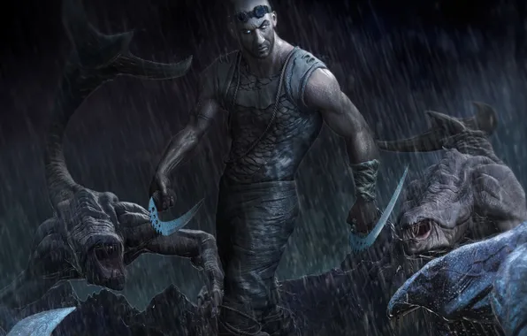 Rain, art, monsters, male, Riddick