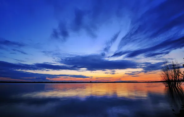 Picture the sky, clouds, sunset, lake, mirror