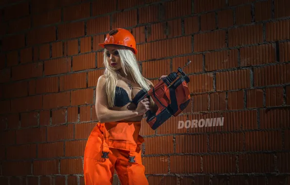 Girl, orange, wall, construction, brick, blonde, helmet, tool