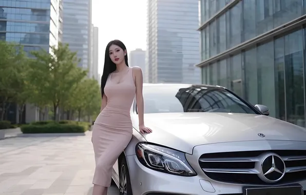 Look, girl, the city, Mercedes-Benz, Asian, long hair, pink dress, megopolis