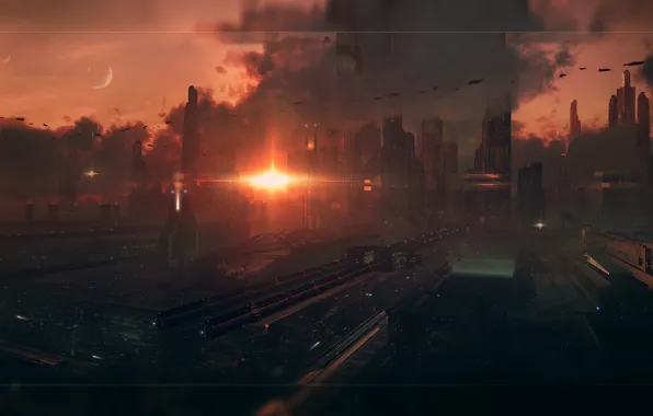 The sun, sunset, ships, skyscrapers, docks, could, fantastic view, the city of the future