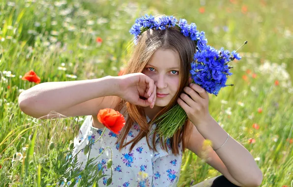 Field, summer, look, girl, flowers, nature, pose, mood