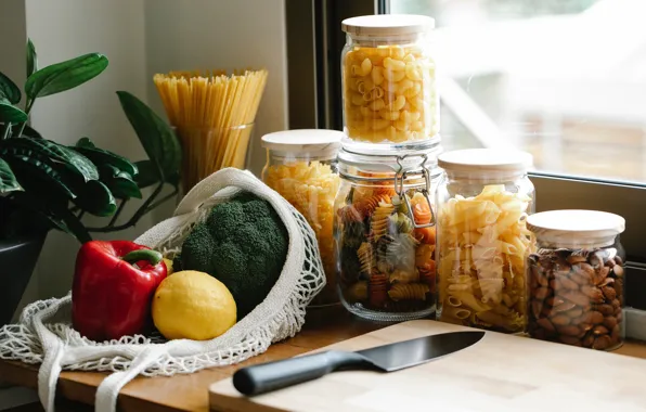 Table, lemon, window, knife, pepper, banks, vegetables, different