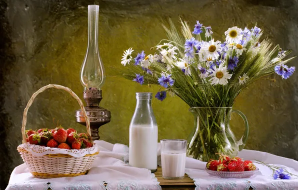 Chamomile, bouquet, milk, strawberry, still life, cornflowers