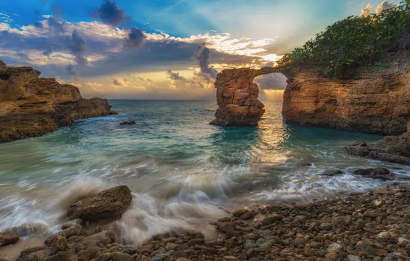 Sea, wave, beach, the sky, clouds, light, pebbles, rock