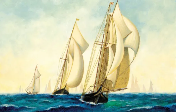 Sea, ships, art, Navy, painting, squadron, sailboats.