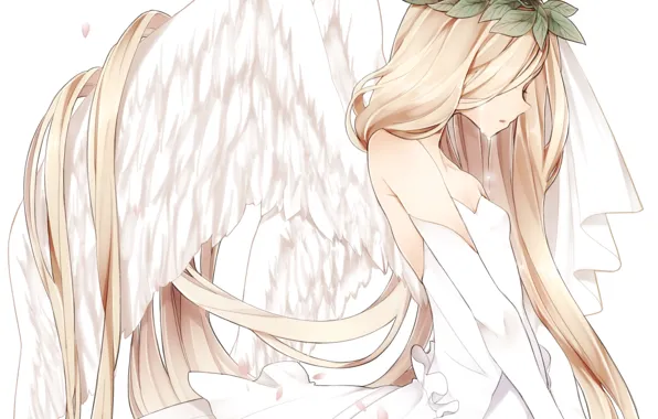 Leaves, girl, wings, angel, anime, petals, Sakura, tears