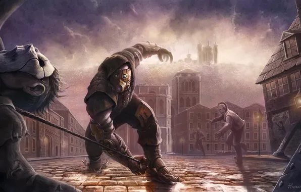 The city, pavers, mask, art, attack, battle, guys, whip