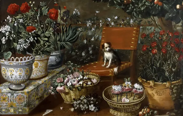 Picture flowers, tree, picture, fruit, chair, pot, Thomas HEPES, Corner of the Garden with the Dog