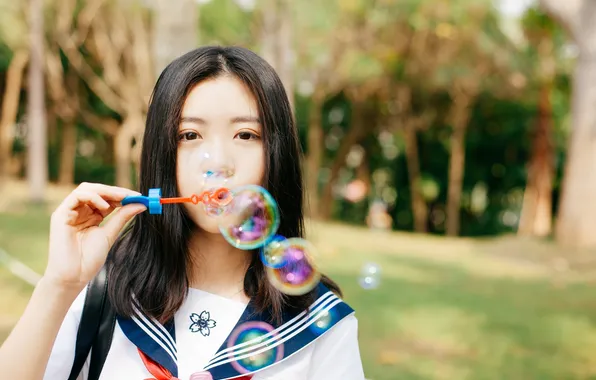 Bubbles, Beautiful, Asian, Model, Woman, Cute, Trees, Pretty