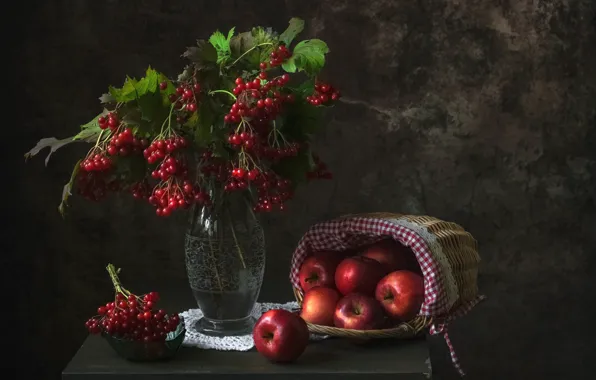 Leaves, branches, berries, the dark background, apples, bouquet, fruit, red