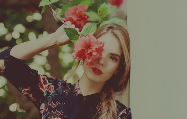 Look, girl, flowers, hibiscus