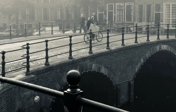 Picture bridge, the city, river, black and white, cyclist, pedestrians, 3840x1080