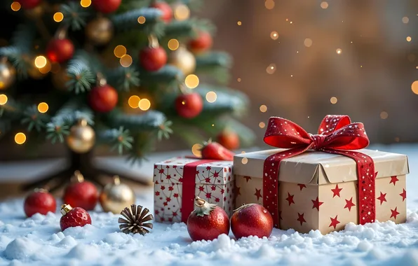 Winter, balls, snow, lights, Christmas, gifts, red, New year