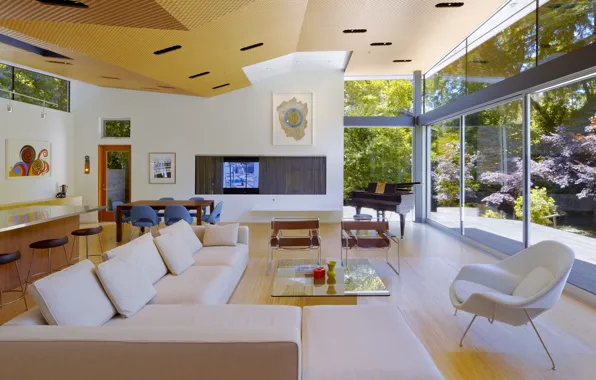 Design, style, interior, piano, kitchen, living room, dining room, California