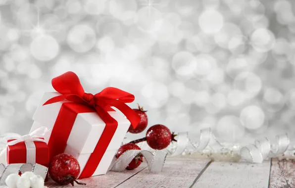 Picture decoration, berries, holiday, gift, balls, new year, tape, box