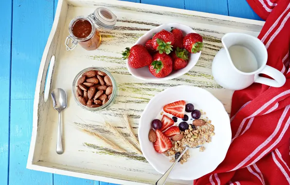 Breakfast, milk, strawberry, honey, grapes, nuts, nuts, strawberry