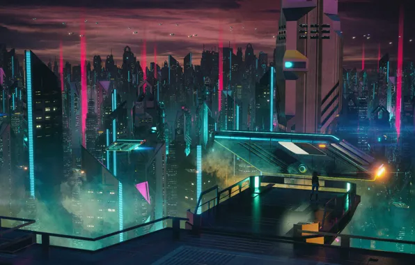 Music, The city, Skyscrapers, Fiction, Cyber, Cyberpunk, Synth, Retrowave