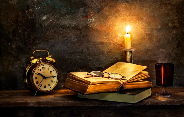 Watch, candle, old books, Time to turn in