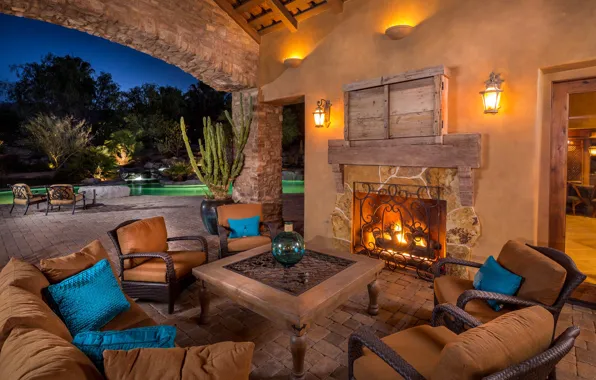 Table, sofa, chair, the evening, pool, yard, fireplace, veranda