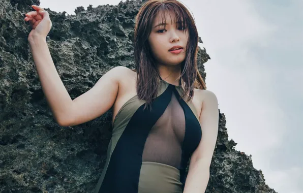 Rock, wet, cleavage, Asian, dress, woman, young, model
