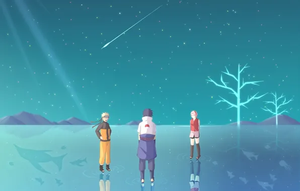 Lake, Sasuke, Naruto, Sakura, naruto, art, team 7, shinobi