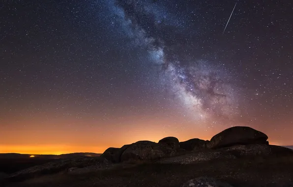 The sky, stars, night, stones, glow, The Milky Way, Spain, La Coruna