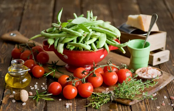 Picture greens, oil, cheese, peas, dishes, vegetables, tomatoes, salt