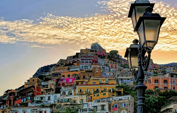 Picture the sky, clouds, mountain, home, slope, Italy, lantern, Positano