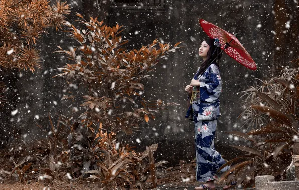 Girl, snow, umbrella, mood, Japanese, kimono, Asian