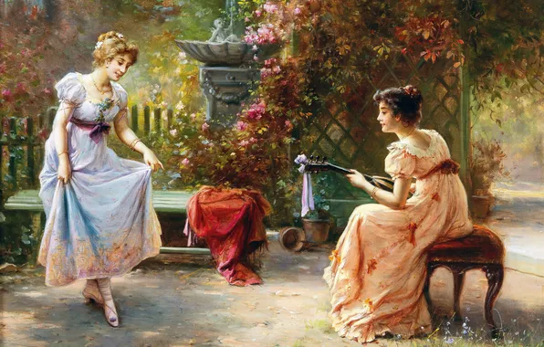 Girls, Picture, Dance, Two, Hans Zatzka, Austrian artist, Hans Zacka, Musical entertainment