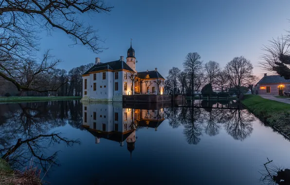 Light, trees, branches, lake, reflection, shore, Church, temple