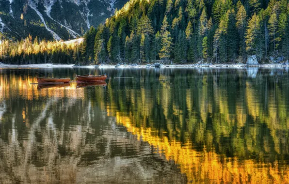 Forest, lake, boats, Italy, Italy, The Dolomites, South Tyrol, South Tyrol