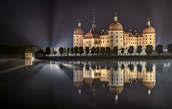 Picture night, lights, reflection, castle, Germany, Moritzburg