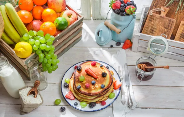 Picture berries, fruit, pancakes, cakes, fruit, berries, breakfast, pancakes