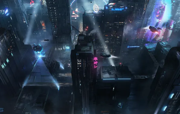 Night, The city, Future, Neon, Building, City, Architecture, Art