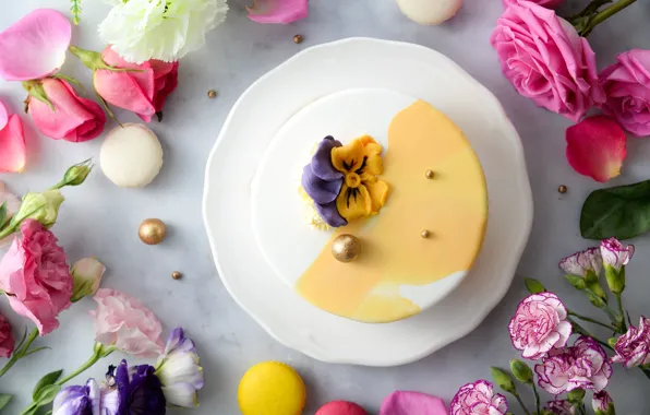 Flowers, roses, cake, carnation, viola, eustoma, macaroon