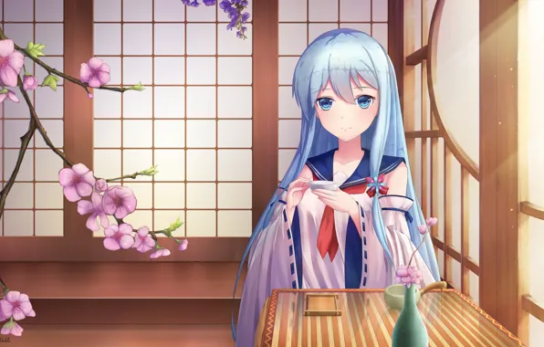 Girl, flowers, anime, art, zhanjian shaonu